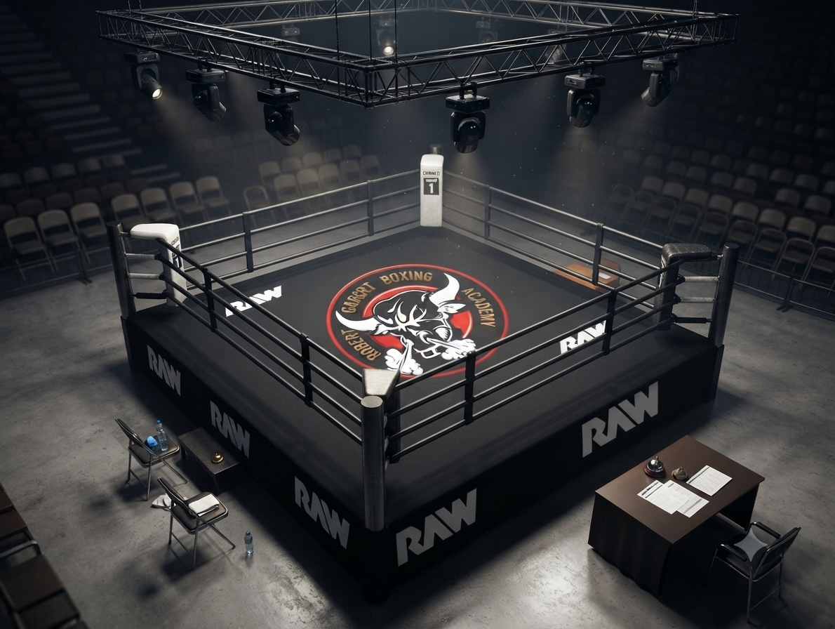 Concept render of an RGBA boxing ring with RAW branding