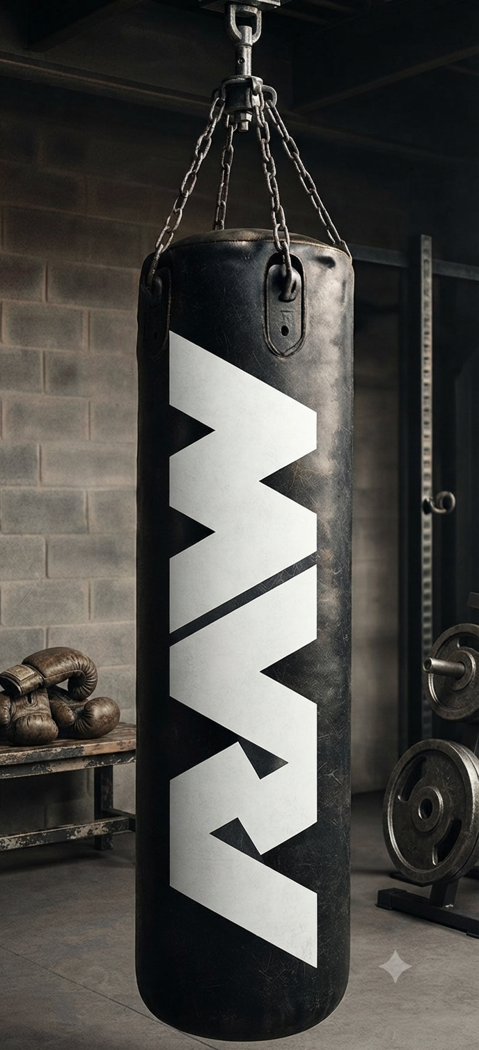 RAW-branded heavy bag hanging in a concrete gym